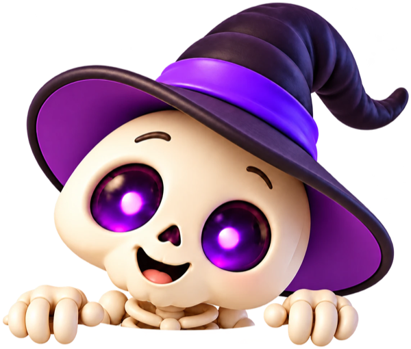 Smiling skeleton in a purple witch hat peeking over the card