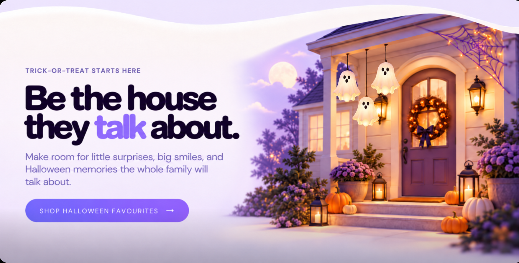 A warmly lit Halloween porch with three hanging ghost lights, pumpkins and lanterns.