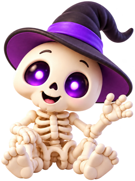 Smiling skeleton in a witch hat, sitting and waving